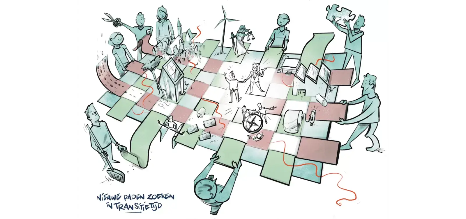 Illustratieve tekening over het zoeken van nieuwe paden in tijden van transitie.