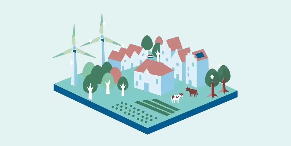 Illustratie met windmolens zonnepanelen, huizen bomen, akkerbouw en veeteelt
