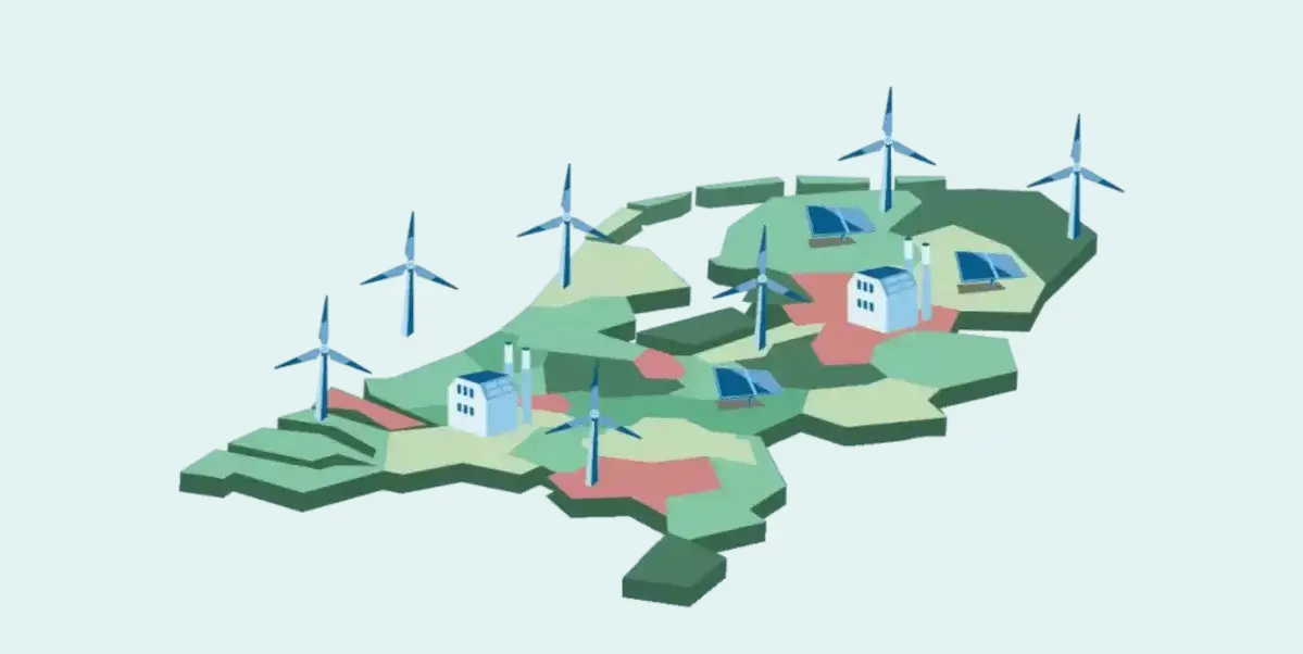 Kaart van Nederland met de indeling in RES Regio's. Her en der saatn windturbines, zonnevelden en gebouwen met zonnepanelen.