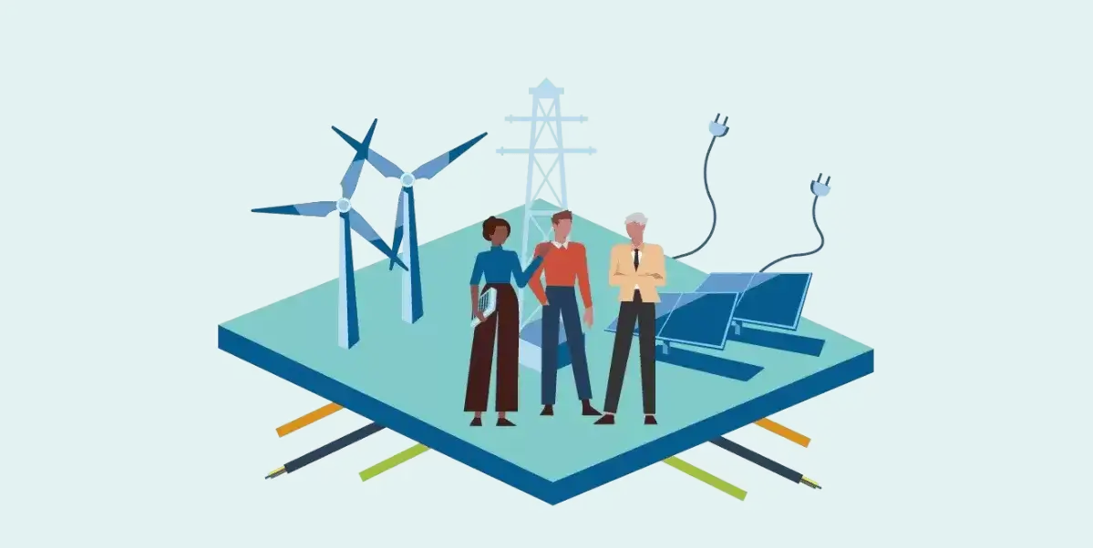 Tekening van het energiesysteem met windturbines, zonnepanelen, het electriciteitsnet, het warmtenet en bijbehorende infrastructuur. Drie mensen overleggen hoe ze het best tempo kunnen maken met de energietransitie.