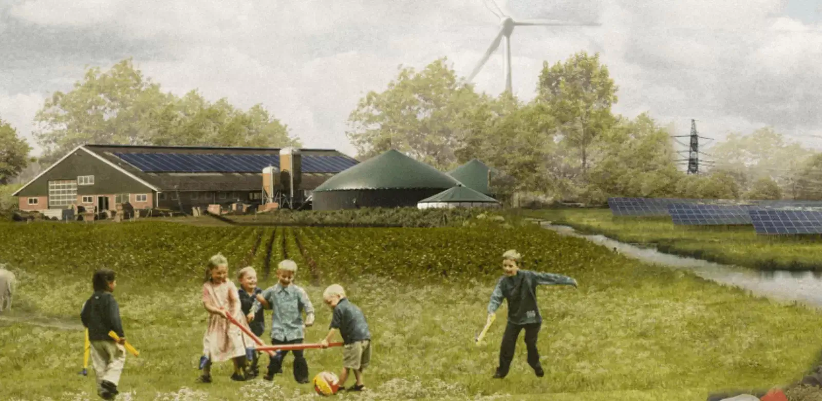 Schets van een lokaal energiesysteem in een agrarisch landschap waar kinderen in de wei spelen. Op de achtergrond windmolen, biogas en zonnepanelen.