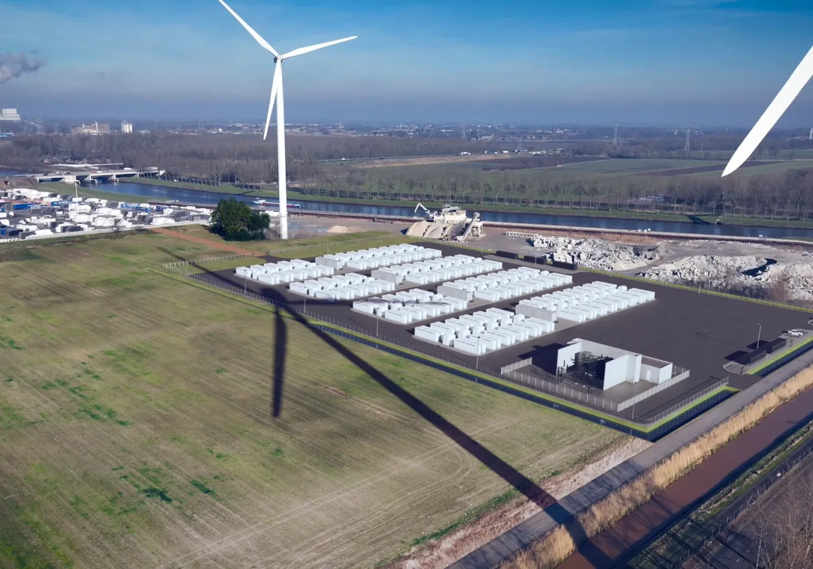 Een artist impression van een opstelling van batterijen.