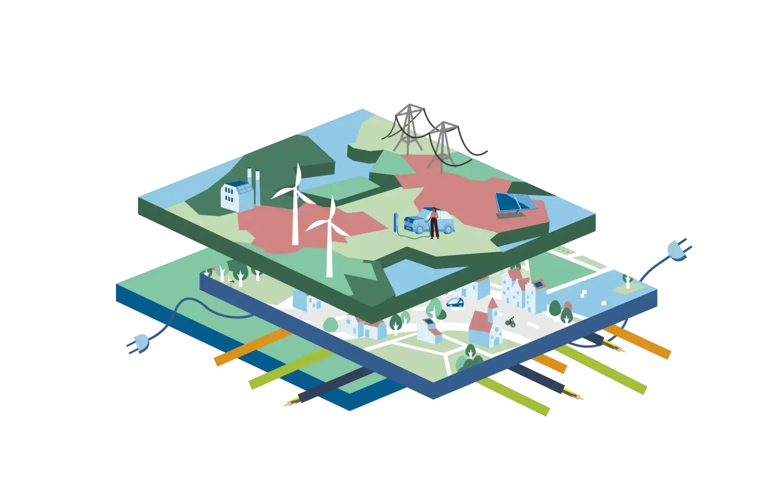 Illustratie met lagen van stukken land, platteland, stedelijke omgeving en infrastructuur die inverband met elkaar staan.