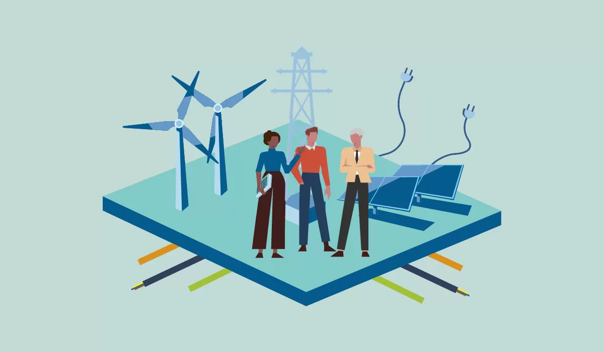 3 mensen vooruit kijkend naar de toekomst. Op de achtergrond een hoogspanningsmast, windmolens en zonnepanelen