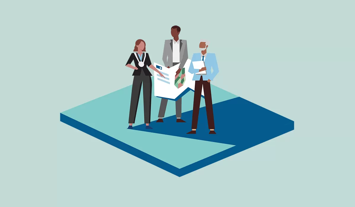 3 getekende mensen die samen overleggen over een plan. Ze vormen een energiegemeenschap