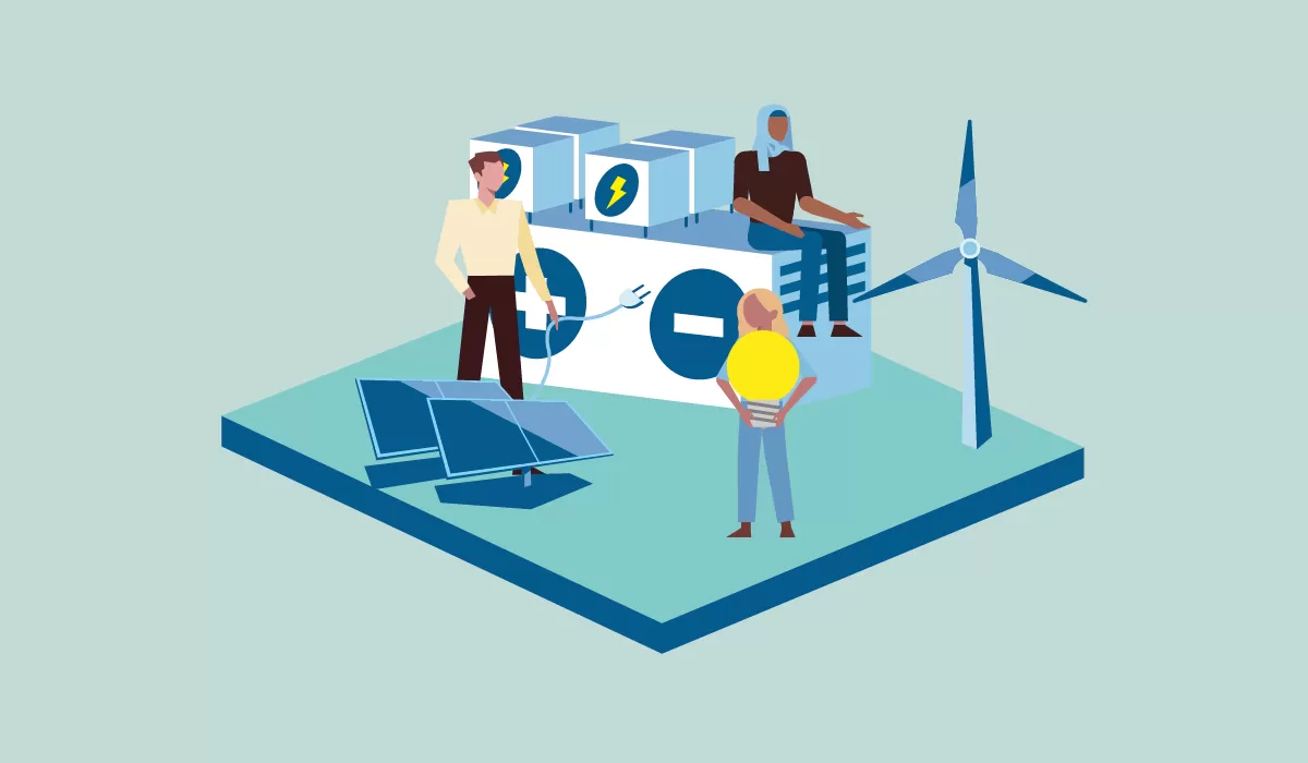 een blok met daarop een batterij, windmolens en zonnepanelen. Dit moet in balans zijn