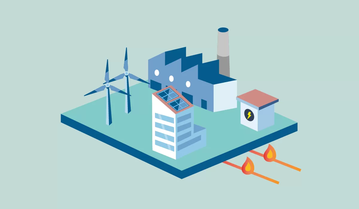 Blok met een fabriek en windmolens waarbij warmte vrijkomt