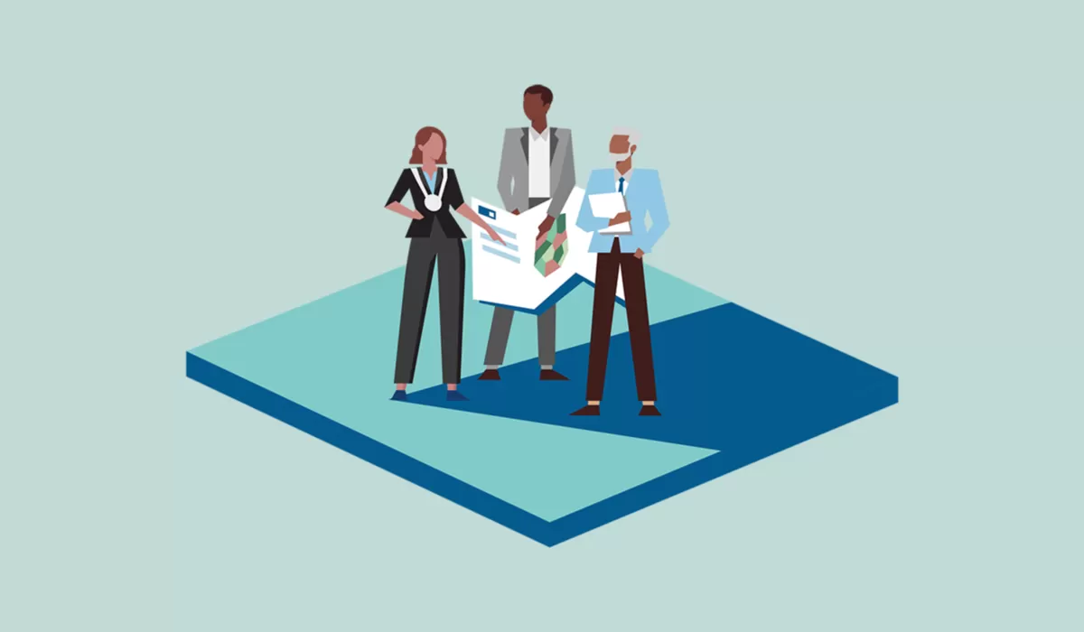 3 getekende mensen die samen overleggen over een plan. Ze vormen een energiegemeenschap