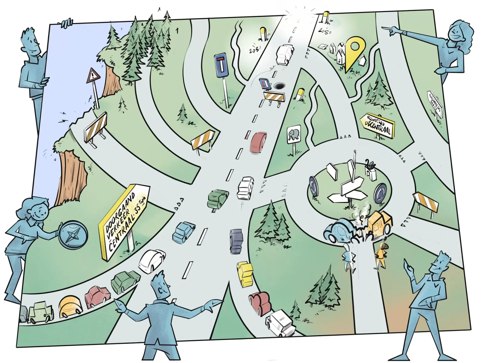 Een tekening van een landschap met wegen, rotondes en mensen die naar de verkeersopstopping kijken. Het is een verbeelding van de netcongestie van stroom in Nederland.